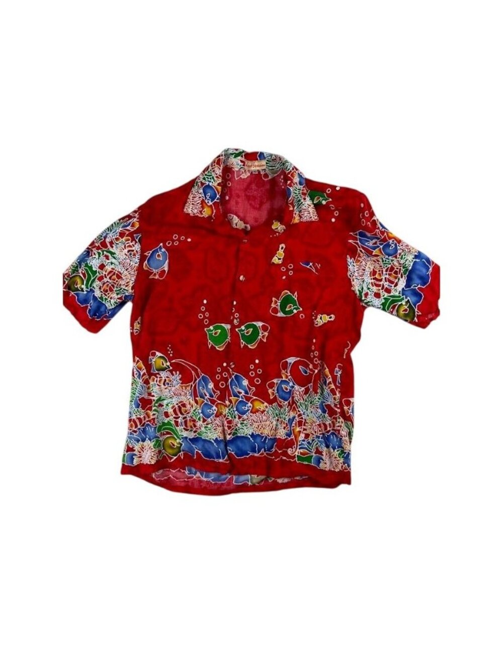 Island Expressions Mens Red Tropical Fish Hawaiian Camp Shirt XL Vintage